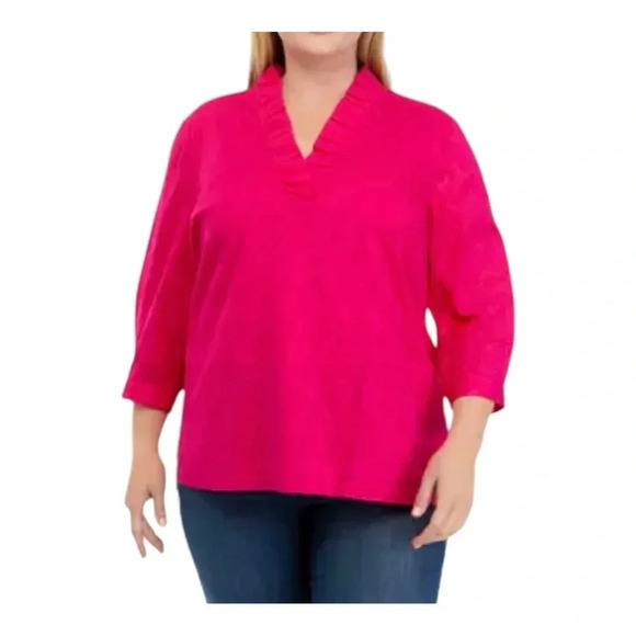 Crown & Ivy Fuchsia Pink Ruffle‎ V-Neck Textured Top Women Size XL - Picture 1 of 9